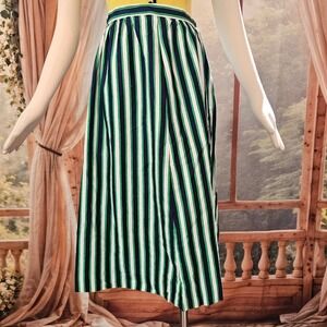 Vintage 1970s Navy Green White Vertical Stripe Midi Skirt High Waisted A-Line